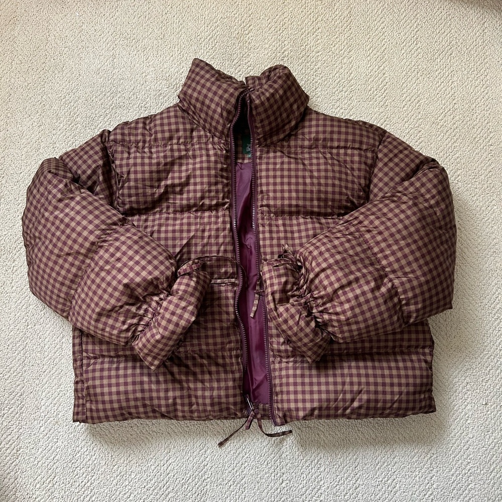 brown and maroon cropped puffer coat